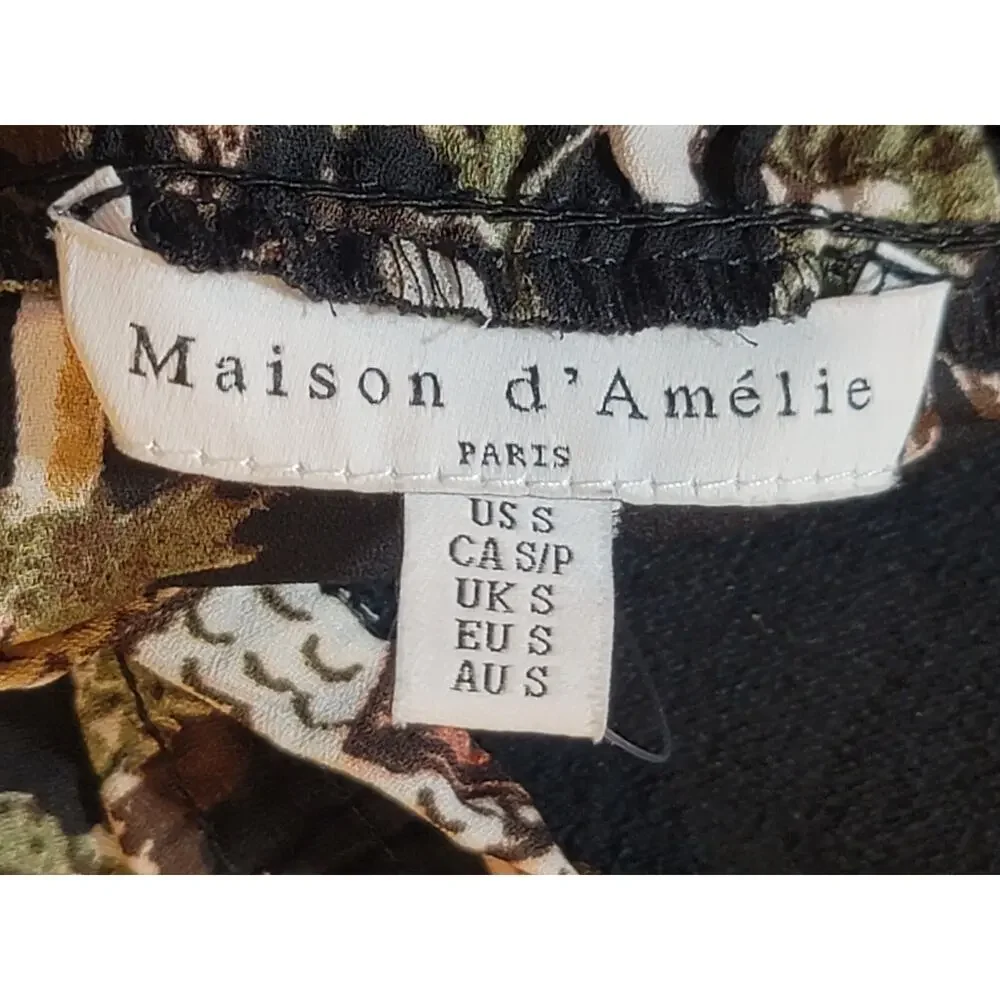 Maison D' Amelie Blouse Women's Small Black Floral Smocked Mock Neck Long Sleeve - Picture 11 of 11
